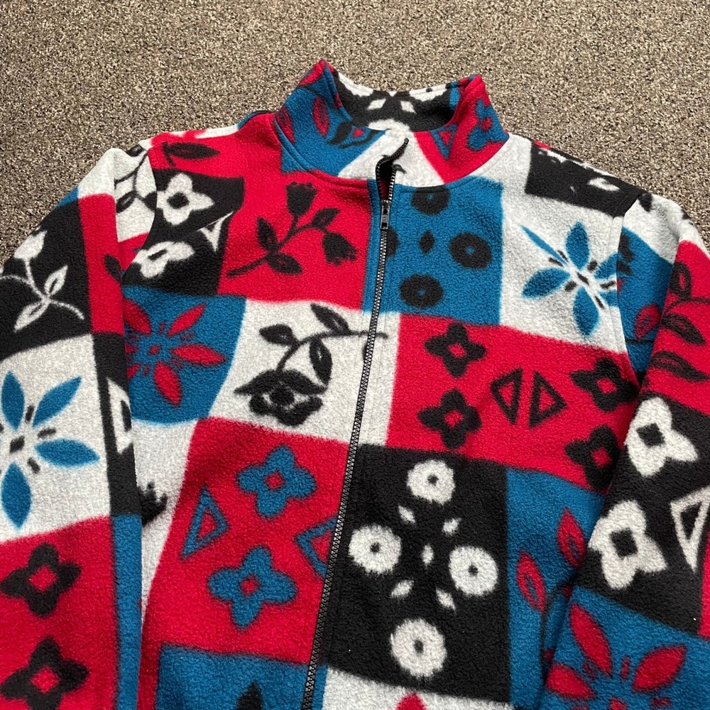 Vintage Style Patchwork Floral Fleece Jacket Red Blue Full Zip Mock Neck L - Picture 2 of 7